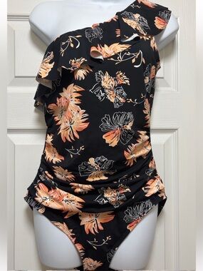 One-Shoulder Floral Women’s Bathing suit Black & Peach